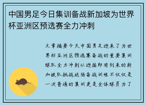中国男足今日集训备战新加坡为世界杯亚洲区预选赛全力冲刺